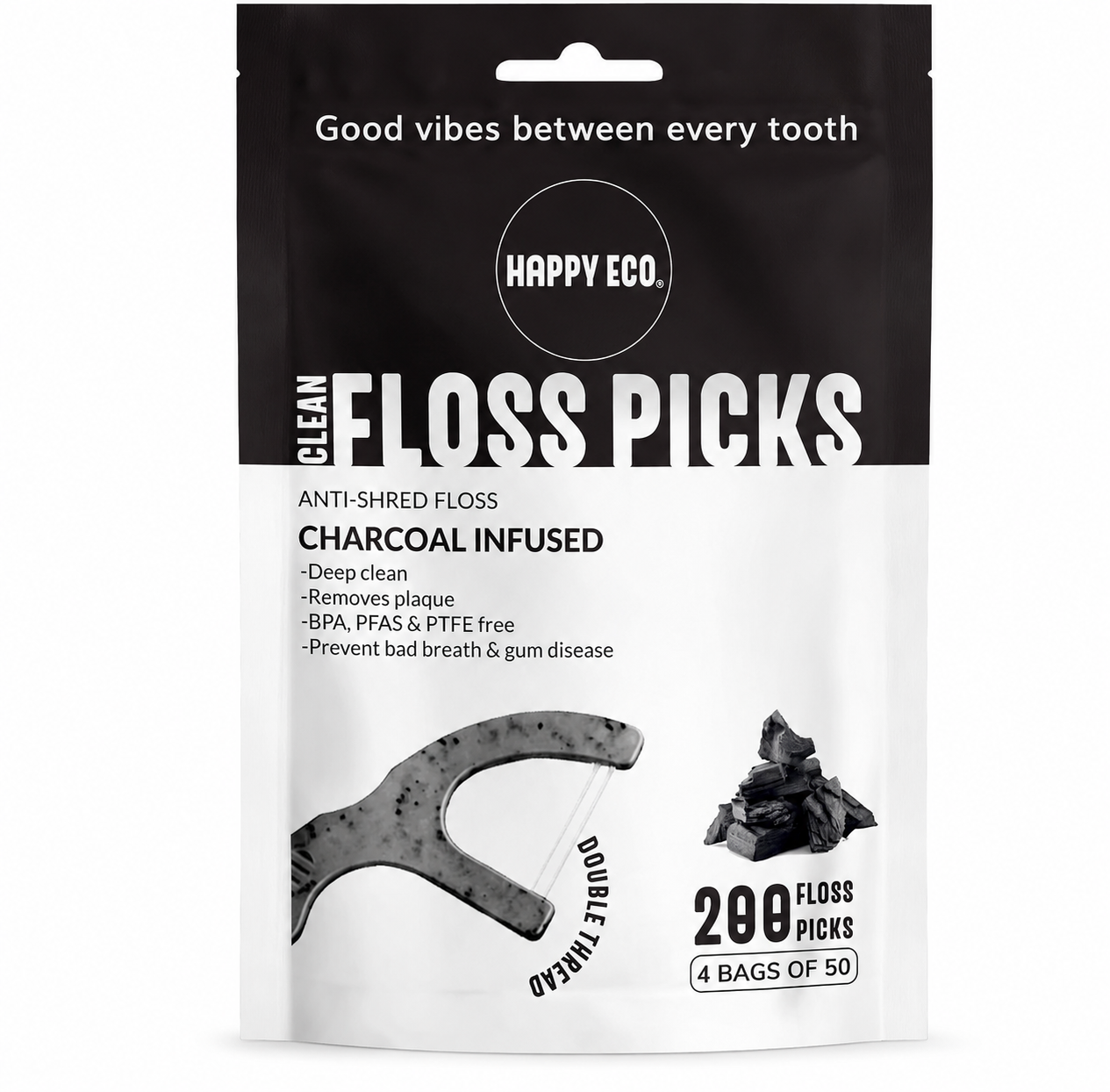 Happy Eco Charcoal Double Floss Picks bag